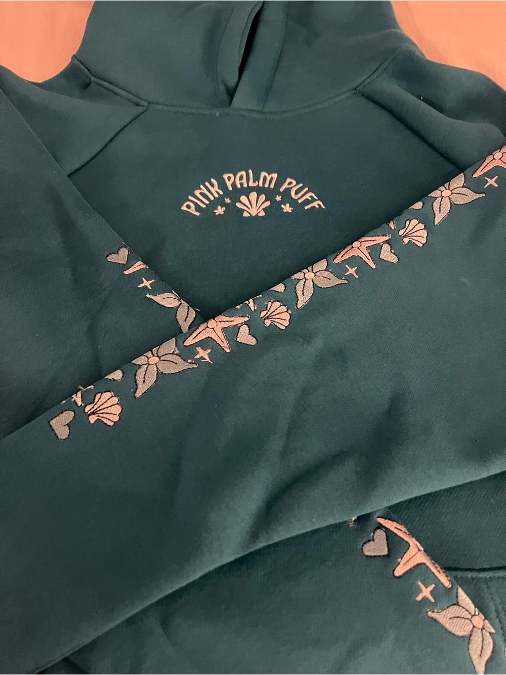 Disney Teal Hoodie with Pink Tags and Embroidery